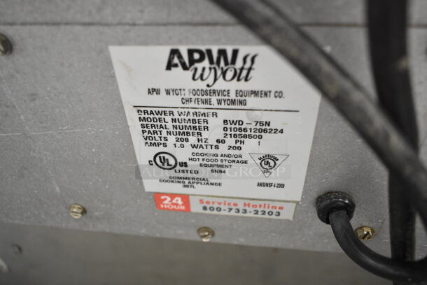3 Stainless Steel Commercial Single Drawer Warming Drawers; Two APW Wyott BWD-75N and One Hatco HDW-1. 208 Volts, 1 Phase. 3 Times Your Bid! Tested and Working! - Image 7 of 8