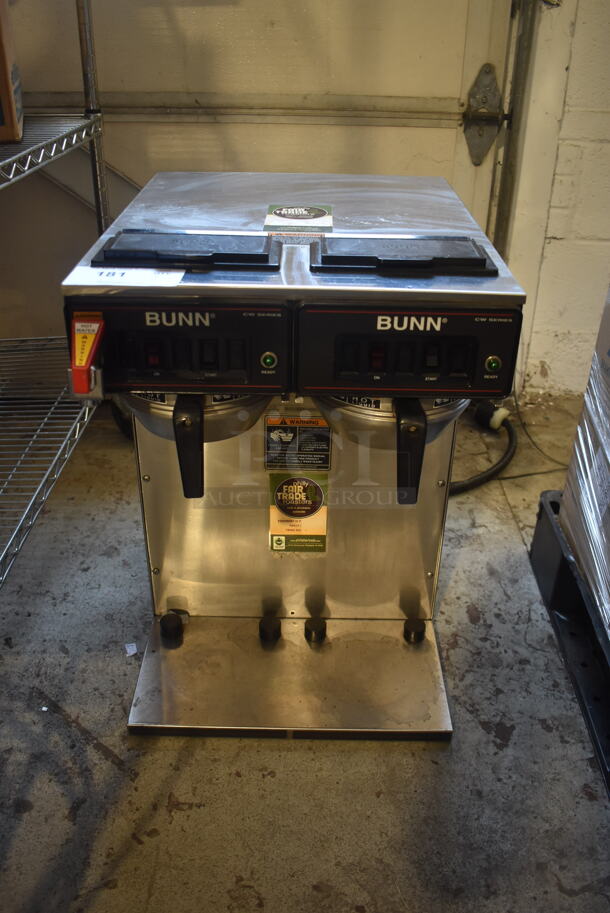 2010 Bunn CWTF TWIN-APS Stainless Steel Commercial Countertop Coffee Machine w/ Hot Water Dispenser and 2 Metal Brew Baskets. 120/240 Volts, 1 Phase. 