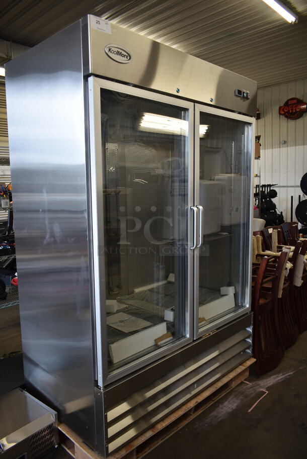 BRAND NEW SCRATCH AND DENT! 2023 KoolMore RIR-2D-GD Stainless Steel Commercial 2 Door Reach In Cooler Merchandiser w/ Poly Coated Racks. 115 Volts, 1 Phase. Tested and Working!