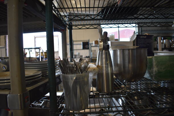 ALL ONE MONEY! Metro Lot of 4 Tiers of Various Items Including Metal Skillets, Air Pot, Ceramic Bowls, Metal Bins and Utensils. Does Not Include Metro Shelving Unit - Image 8 of 11