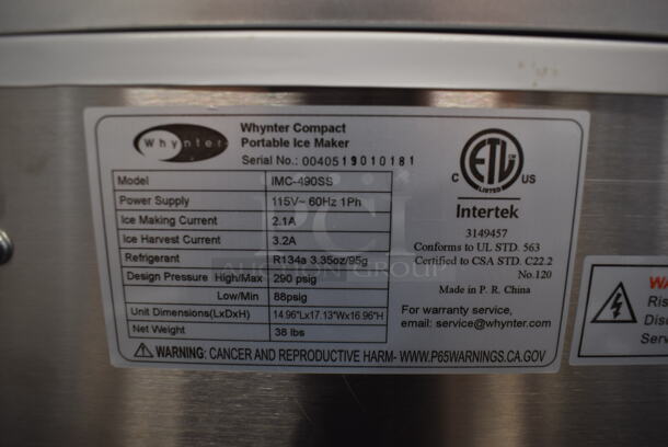 BRAND NEW SCRATCH AND DENT! Whynter IMC-490SS Commercial Stainless Steel Electric Compact Portable Ice Maker. 115V, 1 Phase. Tested And Working!  - Image 5 of 7