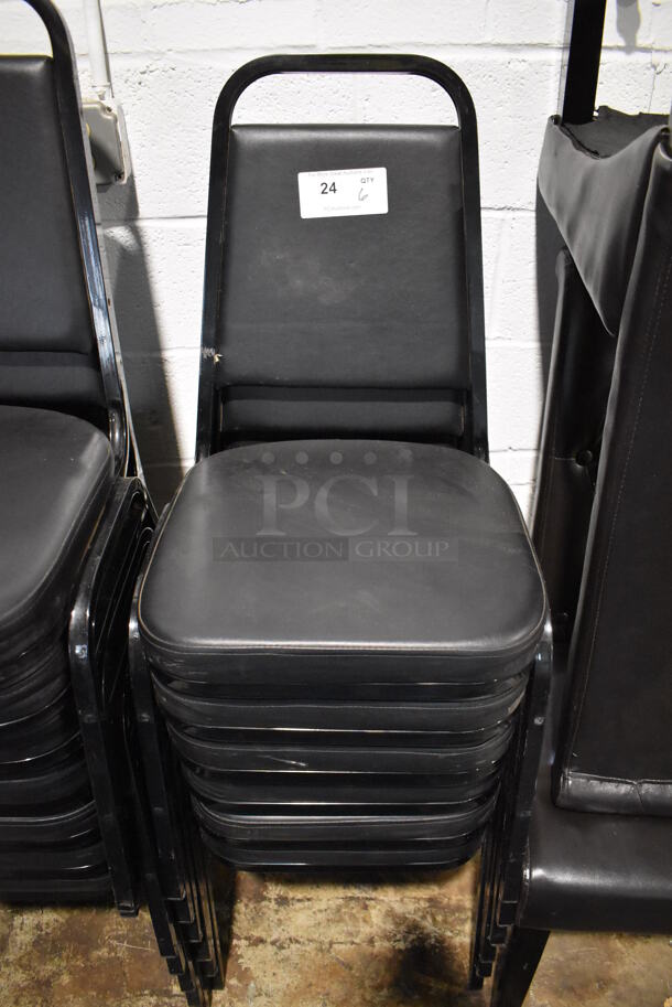 6 Black Metal Stackable Banquet Chairs w/ Black Seat Cushion. 18x20x35. 6 Times Your Bid!