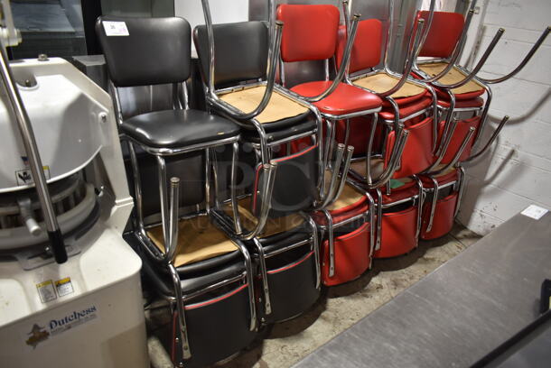 18 Chrome Finish Metal Dining Height Chairs; Black or Read Seat Cushions. 18 Times Your Bid!