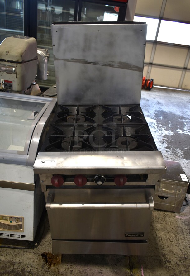 Thermatek Stainless Steel Commercial Natural Gas Powered 4 Burner Range w/ Oven and Back Splash. Missing 2 Legs. - Image 1 of 9