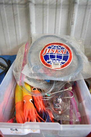 ALL ONE MONEY! Bin of Various Items Including Fishing Line and Fishing Lures
