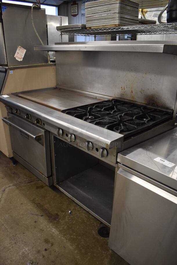 Imperial Stainless Steel Commercial Natural Gas Powered 4 Burner Range, Flat Top Griddle, Oven, Over Shelf and Back Splash on Commercial Casters. 60x31x57 - Image 2 of 7