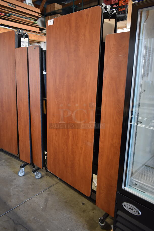 BRAND NEW SCRATCH AND DENT! Wood Pattern Folding Cafeteria Table on Commercial Casters. - Image 1 of 4