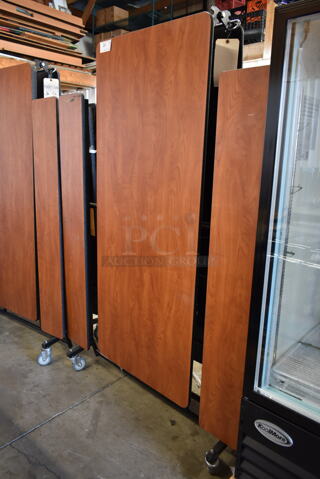 BRAND NEW SCRATCH AND DENT! Wood Pattern Folding Cafeteria Table on Commercial Casters.