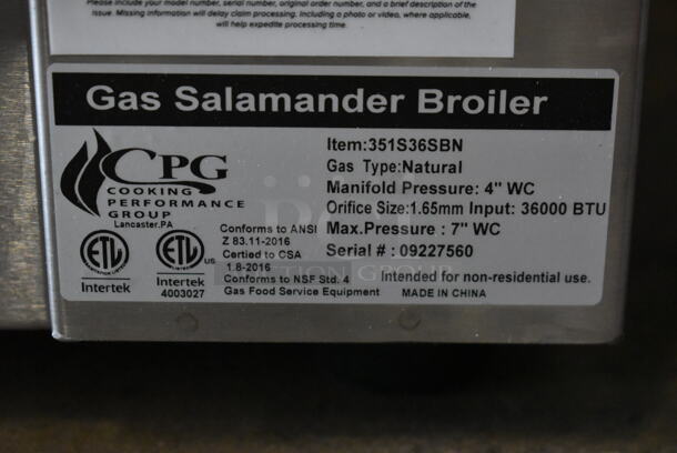 BRAND NEW SCRATCH AND DENT! 2022 Cooking Performance Group CPG 351S36SBN Stainless Steel Commercial Natural Gas Powered Salamander Broiler Cheese Melter. 36,000 BTU. - Image 6 of 8