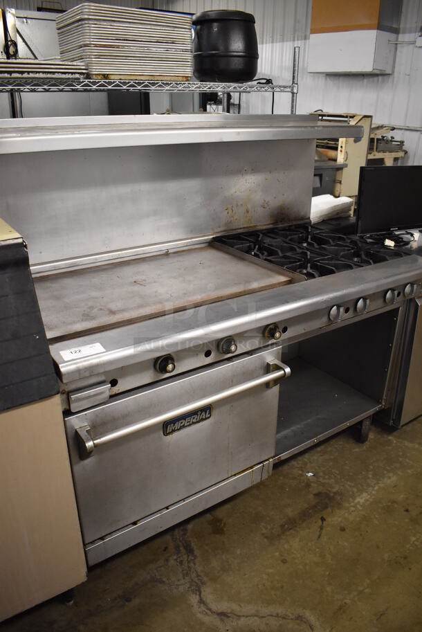 Imperial Stainless Steel Commercial Natural Gas Powered 4 Burner Range, Flat Top Griddle, Oven, Over Shelf and Back Splash on Commercial Casters. 60x31x57 - Image 7 of 7