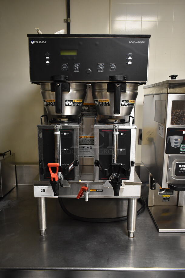 2012 Bunn DUAL GPR DBC Stainless Steel Commercial Countertop Double Coffee Machine w/ Hot Water Dispenser, 2 Metal Coffee Satellites and 2 Metal Brew Baskets. 120/208-240 Volts, 1 Phase. Tested and Working! (ice room)