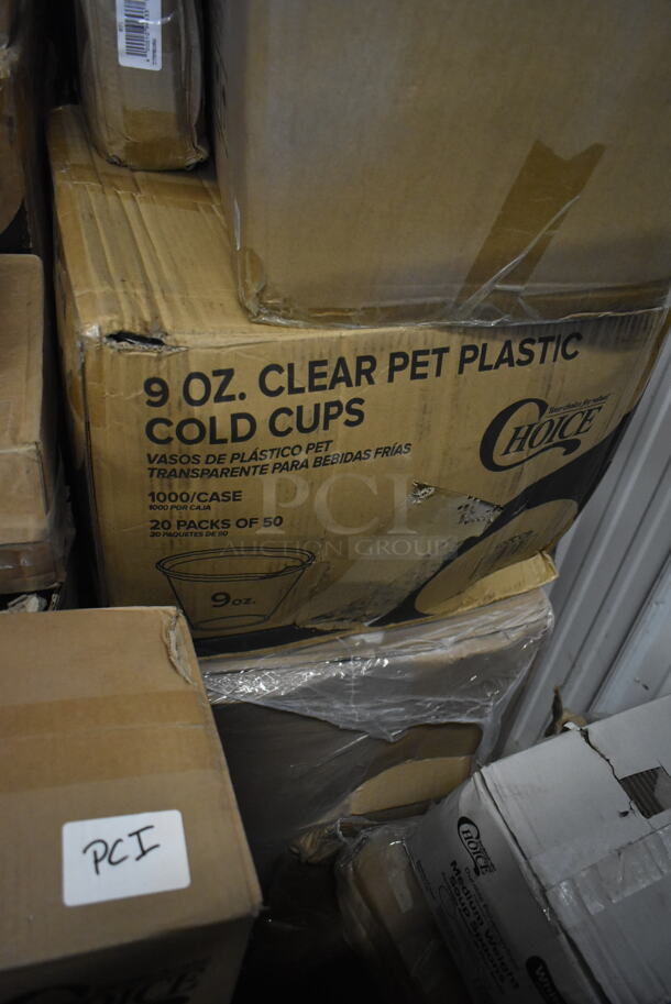 PALLET LOT of 32 BRAND NEW! Boxes Including 3 Box 500CC9 Choice 9 oz. Clear PET Customizable Plastic Squat Cold Cup - 1000/Case, 2 Box 795PLAKFT4 EcoChoice 7 7/8" x 5 1/2" x 3 1/2" Kraft PLA Lined Compostable #4 Take-Out Container - 160/Case, 347RSG2 Choice 2 oz. Clear Plastic Shot Glass - 2500/Case, Carlisle 38655  Coldmaster Ice Cream Shroud for Coldmaster 3 Gallon Cold Crock, Choice 10 oz. Clear PET Plastic Cold Cup - 1000/Case, 129MCS28W Choice 28 oz. White 8 3/4" x 6 1/4" x 1 3/4" Rectangular Microwavable Heavy Weight Container with Lid - 150/Case, 24713622 Vigor Drop In Bins, 164HIGHCWN Lancaster Table & Seating Assembled Standard Height Wooden High Chair with Walnut Finish, 129MCR24B Choice 24 oz. Black Round Microwavable Heavy Weight Container with Lid 7 1/4" - 150/Case. 32 Times Your Bid! - Image 9 of 12