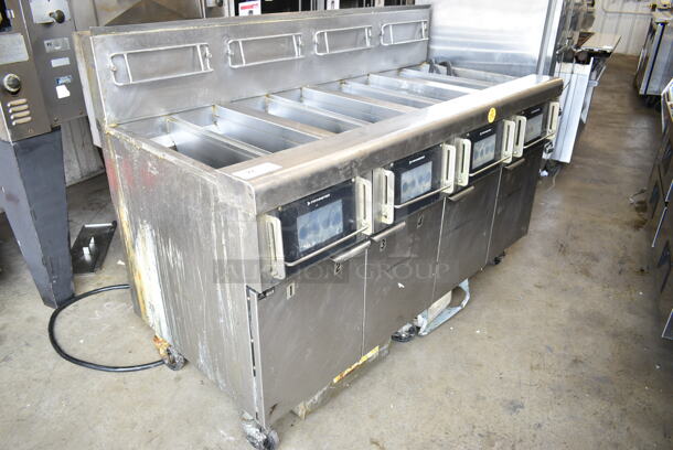 2019 Frymaster BIGLA430-8TSD Stainless Steel Commercial Natural Gas Powered 4 Bay Deep Fat Fryer w/ Filtration System on Commercial Casters. 105,000 BTU.  - Image 2 of 12
