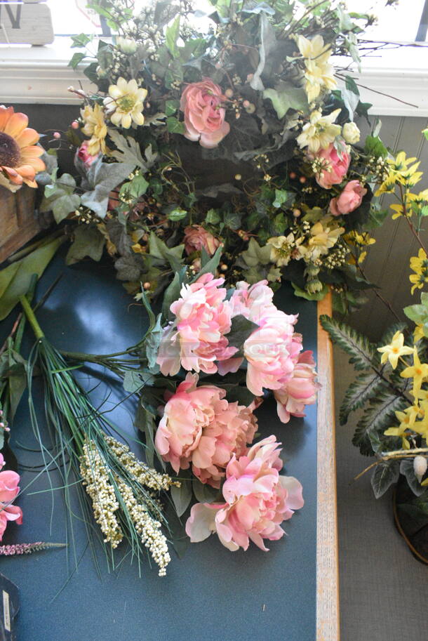 Wall Mount Table w/ Contents Including Spring/Summer Floral Decor. BUYER MUST REMOVE: Bring Tools and Manpower Needed To Remove This Item. (booth room)  - Image 6 of 9