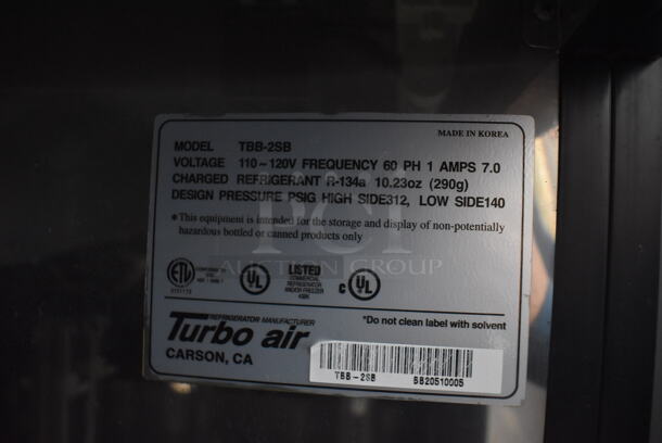 Turbo Air TBB-2SB Stainless Steel Commercial 2 Door Undercounter Cooler. 110-120 Volts, 1 Phase. 59x27.5x37. Tested and Powers On But Does Not Get Cold - Image 6 of 7