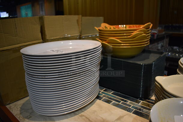ALL ONE MONEY! Lot of 27 White Oval Poly Plates, 7 Yellow Poly Bowls and 30 Green Trays. Includes 13x9.5x1. (bar) - Image 6 of 6
