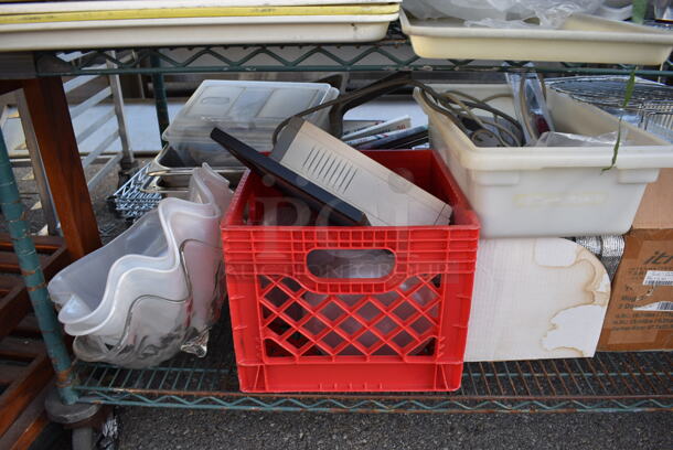 ALL ONE MONEY! Lot of 6 Tiers Worth of Various Items Including Poly Pitchers, Metal Baking Pans, Metal Chafing Dish, Basket. Does Not Include Shelving Unit - Image 8 of 9