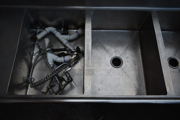 Stainless Steel Commercial 3 Bay Sink w/ Dual Drain Boards, Handles, Faucet and Spray Nozzle Attachment. No Legs. Bays 20x28. Drain Boards 18.5x20 - Image 3 of 6