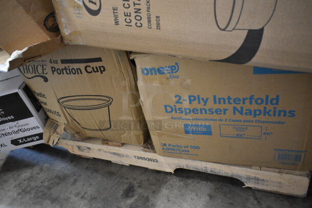 PALLET LOT of 20 BRAND NEW Boxes Including 394345XL Noble NexGen Powder-Free Disposable Black Hybrid 3 Mil Thick Gloves XL, 760IC16WPA Choice 1 Pint White Paper Double-Wall Frozen Yogurt / Food Cup with Paper Lid, Choice 4 oz Portion Cups, 966UPWIDEKFT OneUp by Choice Kraft 2-Ply Wide Interfold 6 1/2" x 8 1/2" Dispenser Napkin - 6000/Case, 47RP7BKSS Visions Wave 7" Round Plates. 20 Times Your Bid!  - Image 5 of 9