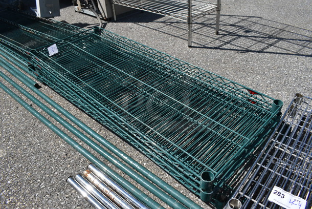 ALL ONE MONEY! Lot of 5 Green Finish Shelves and 3 Poles! 48x18x1.5, 74