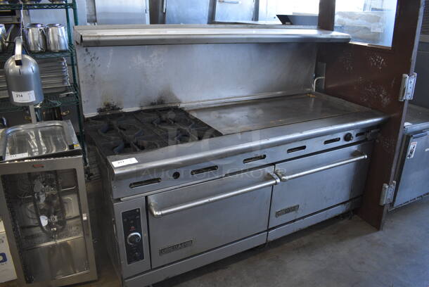 American Range Stainless Steel Commercial Natural Gas Powered 4 Burner Range w/ Flat Top, Oven, Convection Oven, Over Shelf and Back Splash on Commercial Casters. 72x33x57