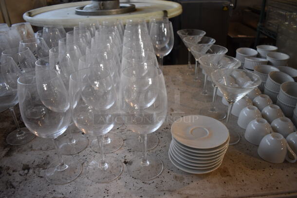 ALL ONE MONEY! Lot of Tabletop Lot of Various Items Including Wine Glasses, Saucers and Heart Shaped Dishes. Does Not Include Table. - Image 6 of 8