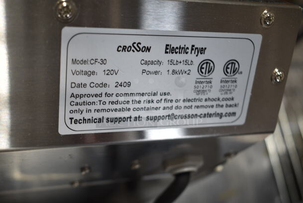 2024 Crosson CF-30 Stainless Steel Commercial Countertop Electric Powered 2 Bay Fryer w/ 2 Metal Fry Baskets. 120 Volts, 1 Phase. - Image 9 of 9