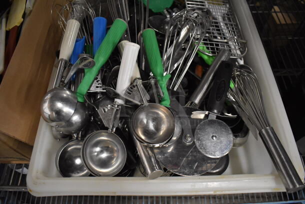 ALL ONE MONEY! Lot of Various Metal Utensils Including Scoopers, Whisks in Poly Bin - Image 3 of 5