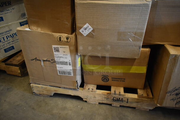 PALLET LOT of 35 BRAND NEW! Boxes Including 3 Box 26AT13H153 Delta Faucet T13H153 Universal Shower Head, Grab Bar, Lever Blade Handle, and Valve, C57PST1 Dart C57PST1 ClearSeal Hinged Lid Plastic Container 6" x 5 13/16" x 3" - 500/Case, 2 Box 129MCR24B Choice 24 oz. Black Round Microwavable Heavy Weight Container with Lid 7 1/4" - 150/Case, American Standard 6500175.002 Monterrey 0.5 GPM Deck-Mount Widespread Lavatory Faucet with 8" Centers, Cast Brass Spout, and Wrist Blade Handles, 80815759R Tablecraft 15759R 9" Red Plastic Diner Platter / Fast Food Basket with Base - 12/Pack, 2 Box 500LFLAT Choice Clear Flat Lid with Straw Slot - 9, 12, 16, 20, and 24 oz. - 1000/Case, 130WSPORK Choice Medium Weight White Plastic Spork - 1000/Case, 53004908, 245SSRSVGD3T Enjay .045-314RTBHGS 3 1/4" Silver and Gold Reversible Round Single Serve Dessert Board with Tab - 500/Case. 35 Times Your Bid! - Image 10 of 10