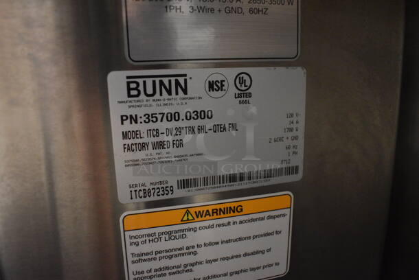 2012 Bunn Model ITCB-DV Stainless Steel Commercial Countertop Iced Tea Machine w/ Beverage Holder Dispenser and Poly Brew Basket. 120 Volts, 1 Phase. 12x24x34.5 - Image 5 of 5