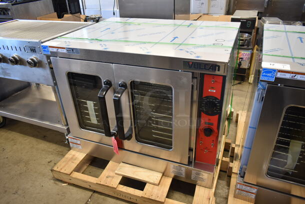 BRAND NEW SCRATCH AND DENT! Vulcan VC5ED ENERGY STAR Stainless Steel Commercial Electric Powered Full Size Convection Oven w/ View Through Doors, Metal Oven Racks and Thermostatic Controls. 240 Volts, 3/1 Phase. Tested and Working!