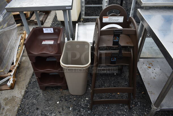 ALL ONE MONEY! Lot of 2 Koala Kare Brown High Chairs, 3 Brown Booster Seats and 2 Tan Trash Cans. - Image 1 of 5