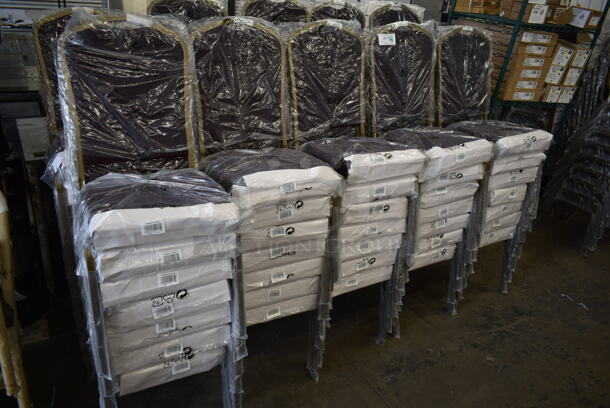 116 BRAND NEW SCRATCH AND DENT! Lancaster Table & Seating 164BNQCRBRG Burgundy Pattern Fabric Crown Back Stackable Banquet Chair with Gold Vein Frame. 116 Times Your Bid! - Image 2 of 8