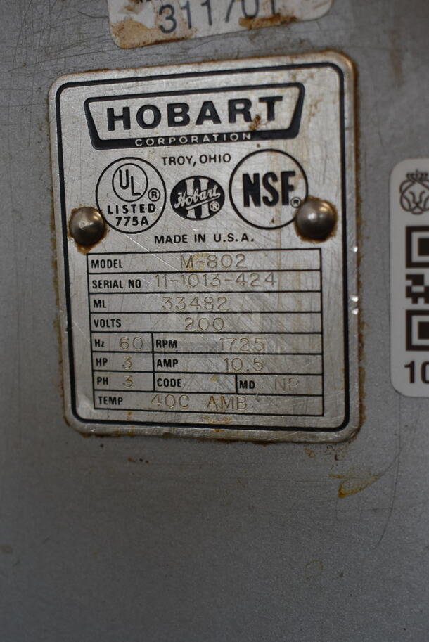 Hobart M802 Metal Commercial Floor Style 80 Quart Planetary Dough Mixer w/ Bowl Guard, Bowl Adapter, Mixing Bowl and 2 Whisk Attachments. 200 Volts, 3 Phase.  - Image 11 of 11