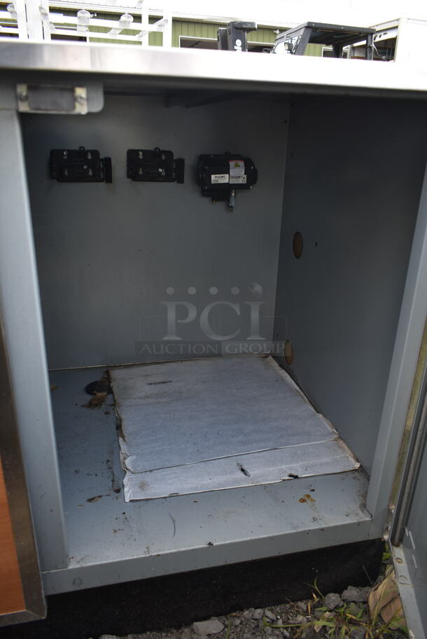 Duke Stainless Steel Commercial Counter w/ Sink Bay, Faucet, Handle, Back Splash and 2 Wood Pattern Doors. - Image 6 of 6