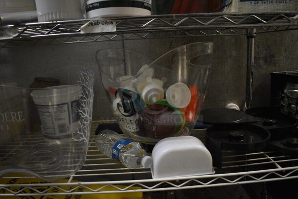 Chrome Finish 4 Tier Shelving Unit w/ Contents Including Poly Containers, Stainless Steel Bins and Stock Pot. 48x18x74. BUYER MUST REMOVE. BUYER MUST DISMANTLE. PCI CANNOT DISMANTLE FOR SHIPPING. PLEASE CONSIDER FREIGHT CHARGES. (kitchen) - Image 5 of 12