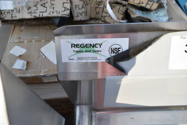	BRAND NEW SCRATCH AND DENT! Regency 600S31717218 91" 16-Gauge Stainless Steel Three Compartment Commercial Sink with Galvanized Steel Legs and 2 Drainboards - 17" x 17" x 12" Bowls - Image 8 of 8