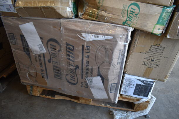 PALLET LOT of 26 BRAND NEW! Boxes Including 129MCR32B Choice 32 oz. Black Round Microwavable Heavy Weight Container with Lid 7 1/4" - 150/Case, WM-16-BLSH 10 Strawberry St - Pale Blush 16 pc dinner set, 3 Box 347SP6BK Visions Florence 6" Square Black Plastic Plate - 120/Case, 395TO961 EcoChoice 9" x 6" x 3" Compostable Sugarcane / Bagasse 1 Compartment Take-Out Container - 200/Case, Genpak Deli 16 oz Hinged Container, 128HD12BULK ChoiceHD 12 oz. Microwavable Translucent Plastic Deli Container - 480/Case, San Jamar KM2100B Tuf-Mat 3' x 5' Black Grease-Resistant Bagged Floor Mat - 1/2" Thick, 129MCS28W Choice 28 oz. White 8 3/4" x 6 1/4" x 1 3/4" Rectangular Microwavable Heavy Weight Container with Lid - 150/Case, 274RK251 Noble Products 25-Compartment Gray Full-Size Glass Rack with 1 Blue Extender, 3 Box 395RP09PF EcoChoice No PFAS Added 9" Natural Bagasse Blend Plate - 500/Case, 2 Box 128HD8COMBO ChoiceHD 8 oz. Microwavable Translucent Plastic Deli Container and Lid Combo Pack - 240/Case, Choice 7 oz. Translucent Thin Wall Plastic Cold Cup - 2500/Case. 26 Times Your Bid! - Image 7 of 9