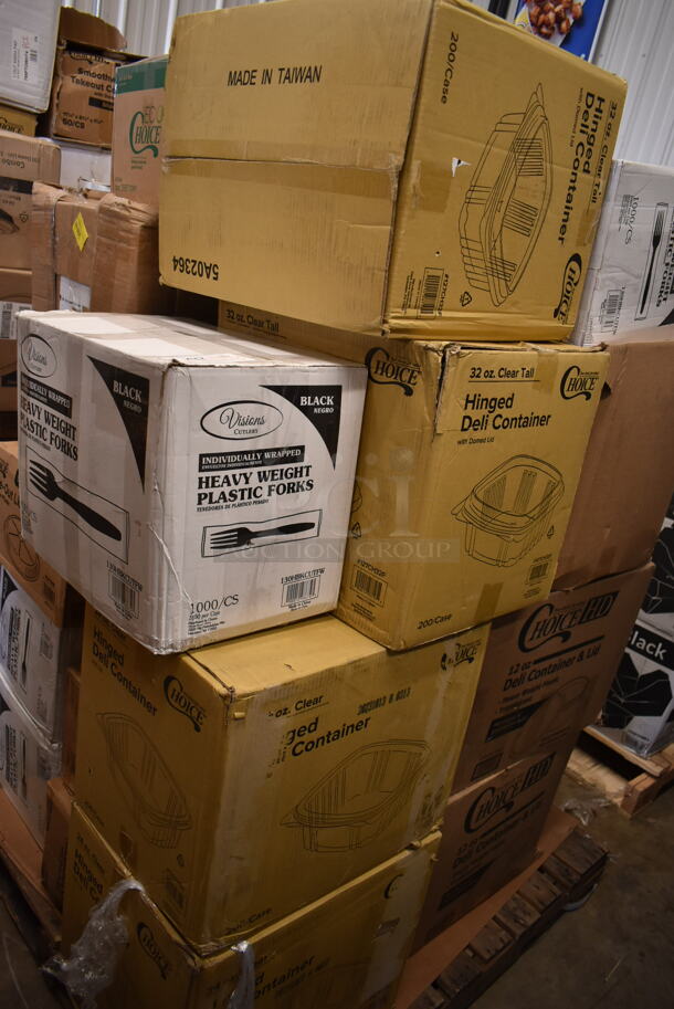 PALLET LOT of 22 BRAND NEW! Boxes Including 2 Box 127CH32F Choice 32 oz. Clear RPET Tall Hinged Deli Container with Domed Lid - 200/Case, 3 Box 130HBKCUTFW Visions Individually Wrapped Black Heavy Weight Plastic Fork - 1000/Case, 127CH24 Choice 24 oz. Clear RPET Hinged Deli Container - 200/Case, 2 Box 128HD12COMBO ChoiceHD 12 oz. Microwavable Translucent Plastic Deli Container and Lid Combo Pack - 240/Case, 395TO991 Ecochoice 9x9x3