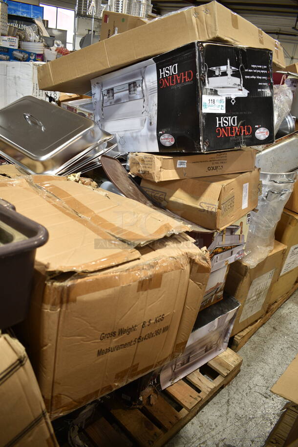 PALLET LOT of 25 BRAND NEW! Items/Boxes Including Stainless Steel Chafing Dish Dome Covers, Springform Pans, 4 Various Winco Chafers, Winco MPB-36 Mop Bucket, Winco TBH-18 18" Table Number Holders. 25 Times Your Bid! - Image 1 of 12
