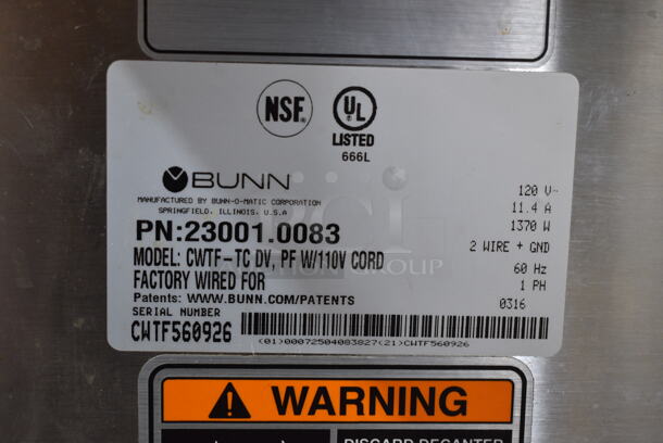 2016 Bunn CWTF-TC Stainless Steel Commercial Countertop Coffee Machine w/ Hot Water Dispenser and Poly Brew Basket. 120 Volts, 1 Phase.  - Image 6 of 6