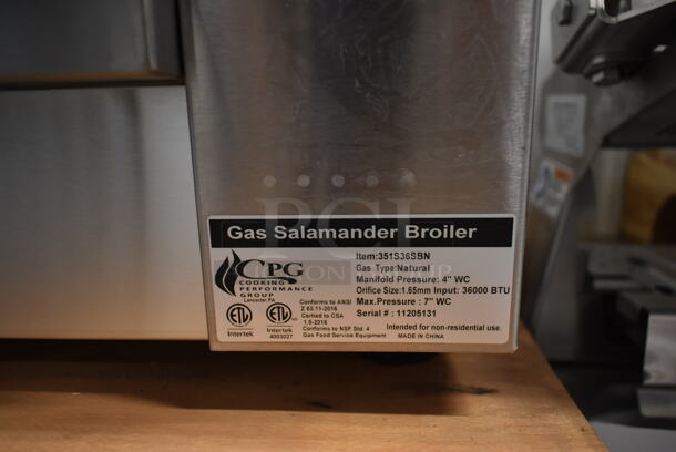 BRAND NEW SCRATCH AND DENT! Cooking Performance Group CPG 351S36SBN Stainless Steel Commercial Natural Gas Powered Salamander Broiler Cheese Melter. 36,000 BTU. Tested and Working! - Image 5 of 5