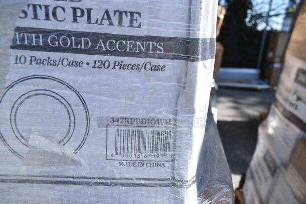 PALLET LOT of 28 BRAND NEW Boxes Including 795NRKFT3 New Roots Kraft PLA-Lined Compostable #3 Take-Out Container 7 3/4" x 5 1/2" x 2 1/2" - 200/Case, 129MCS242CB Choice 30 oz. Black 8 3/4" x 6" x 2 3/4" 2-Compartment Rectangular Microwavable Heavy Weight Container with Lid - 150/Case, 128HD8COMBO ChoiceHD 8 oz. Microwavable Translucent Plastic Deli Container and Lid Combo Pack - 240/Case, 5014046XXH Lavex Pro 45 Gallon 3 Mil 40" x 46" Low Density Heavy-Duty Industrial Contractor Black Trash Bag / Can Liner - 50/Case, 347RPBD10WHG Visions 10" White Plastic Plate with Gold Bands - 120/Case, 2 Box 966TALLFLDB Choice White Tall-Fold 6" x 13" Dispenser Napkin - 8000/Case, 24510PIZZAPAD Choice Single Face Corrugated Pizza Pad - 10" x 10" - 200/Case, 127P2B Choice Black Plastic Souffle Cup / Portion Cup - 2 oz. - 2500/Case, 130BSPOONWP Choice Individually Wrapped Medium Weight Black Plastic Teaspoon - 1000/Case, 4 Box 130BKFORKH Choice Black Heavy Weight Plastic Fork - 1000/Case, Fineline 42RBFL Conserveware PETE Flat Lid for 24/32/40 oz. Round Bowls - 300/Case. 28 Times Your Bid!  - Image 10 of 12
