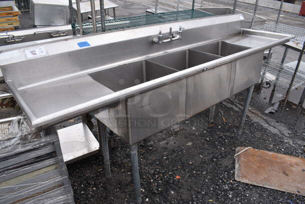 Stainless Steel Commercial 3 Bay Sink w/ Dual Drain Boards and Handles. 90x26x41. Bays 18x18x12. Drain Board 16x12x1