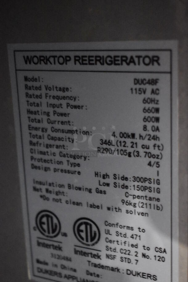 Dukers DUC48F Stainless Steel Commercial 2 Door Undercounter Freezer on Commercial Casters. 115 Volts, 1 Phase. 48.5x31.5x36. Tested and Working! - Image 6 of 6