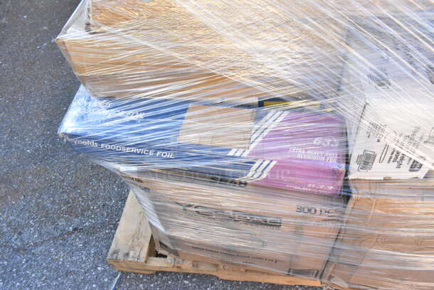 30 BRAND NEW! Items Including 394365L Noble Products Powder-Free Disposable Clear Vinyl Gloves for Foodservice - Large - 1000/Case, 394345L Noble NexGen Powder-Free Disposable Black Hybrid 3 Mil Thick Gloves - Large - 1000/Case, 395TO961 EcoChoice 9" x 6" x 3" Compostable Sugarcane / Bagasse 1 Compartment Take-Out Container - 200/Case, 552D6653 Chef & Sommelier D6653 47.36 oz. Open Up Decanter by Arc Cardinal - 2/Case, 130WSPOON Choice Medium Weight White Plastic Teaspoon - 1000/Case, 760WY9LT Lavex 9 oz. Translucent, Individually Wrapped Cups - 1000/Case, 395RP10PF EcoChoice No PFAS Added 10" Natural Bagasse Blend Plate - 500/Case. 30 Times Your Bid!  - Image 10 of 12