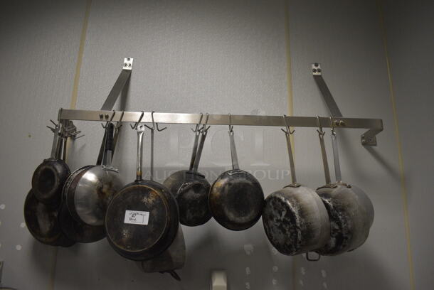 Stainless Steel Commercial Wall Mount Pot Rack w/ Various Sauce Pans and Skillets. 60x12x16. BUYER MUST REMOVE. (kitchen) - Image 2 of 6