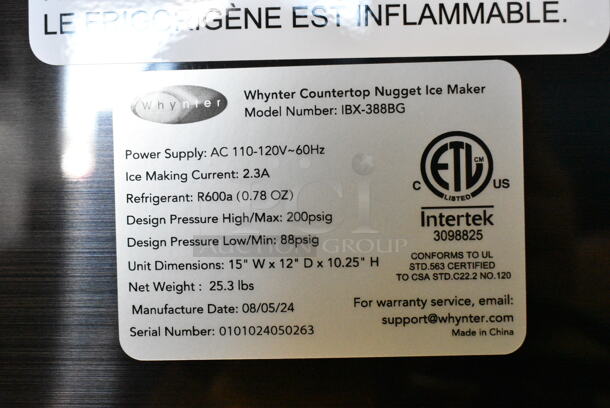 BRAND NEW SCRATCH AND DENT! Whynter IBX-388BG SonicSnö Countertop Nugget Ice Maker 40lbs/24hrs Chewable Pebble/Sonic Type Ice Finish. 115 Volts, 1 Phase. Tested and Working! - Image 7 of 7