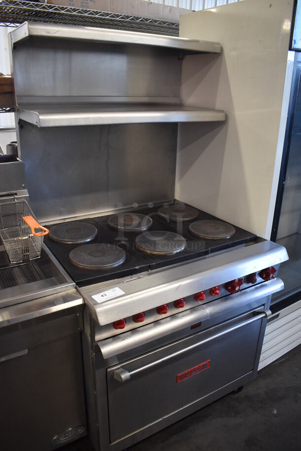Vulcan Stainless Steel Commercial Electric Powered 6 Burner Hot Plate Range w/ Oven, 2 Tier Over Shelf and Back Splash on Commercial Casters. 240 Volts. 36x36x72 - Image 1 of 7