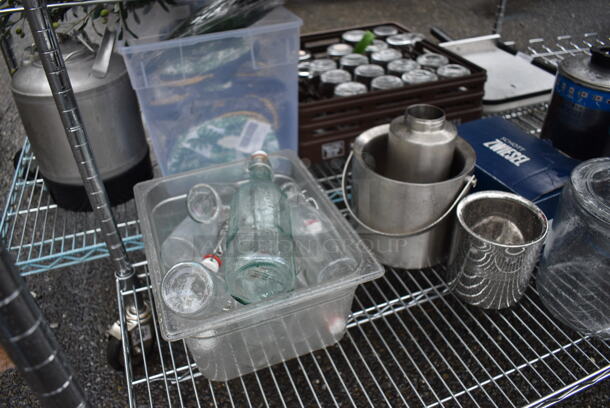 ALL ONE MONEY! Lot of Chrome Finish 4 Tier Shelving Unit on Commercial Casters w/ All Contents Including Glassware, Ceramic Plates, Metal Ice Bucket. DISMANTLE FOR SHIPPING. PLEASE CONSIDER FREIGHT CHARGES. 60x18x79 - Image 6 of 8